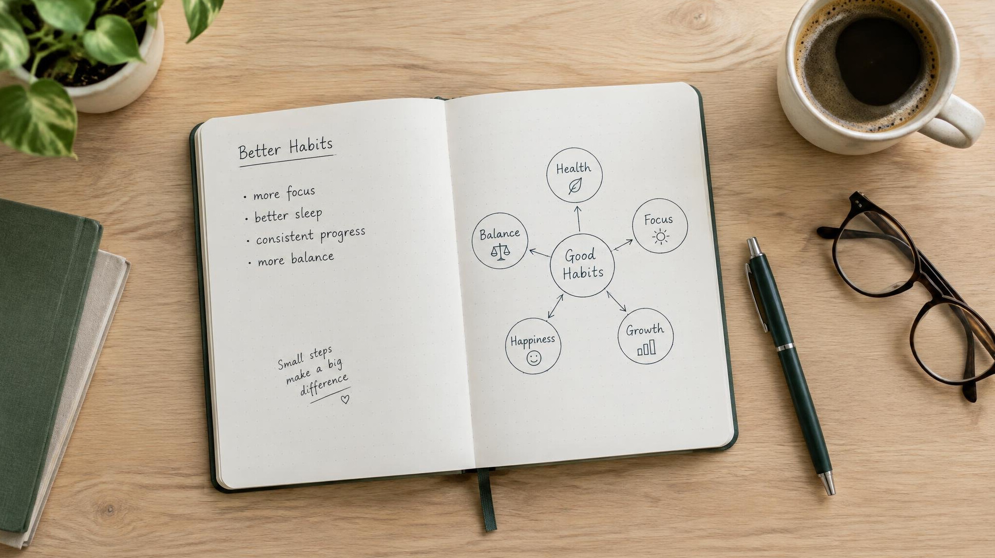 Notebook with handwritten notes and a pen on a desk