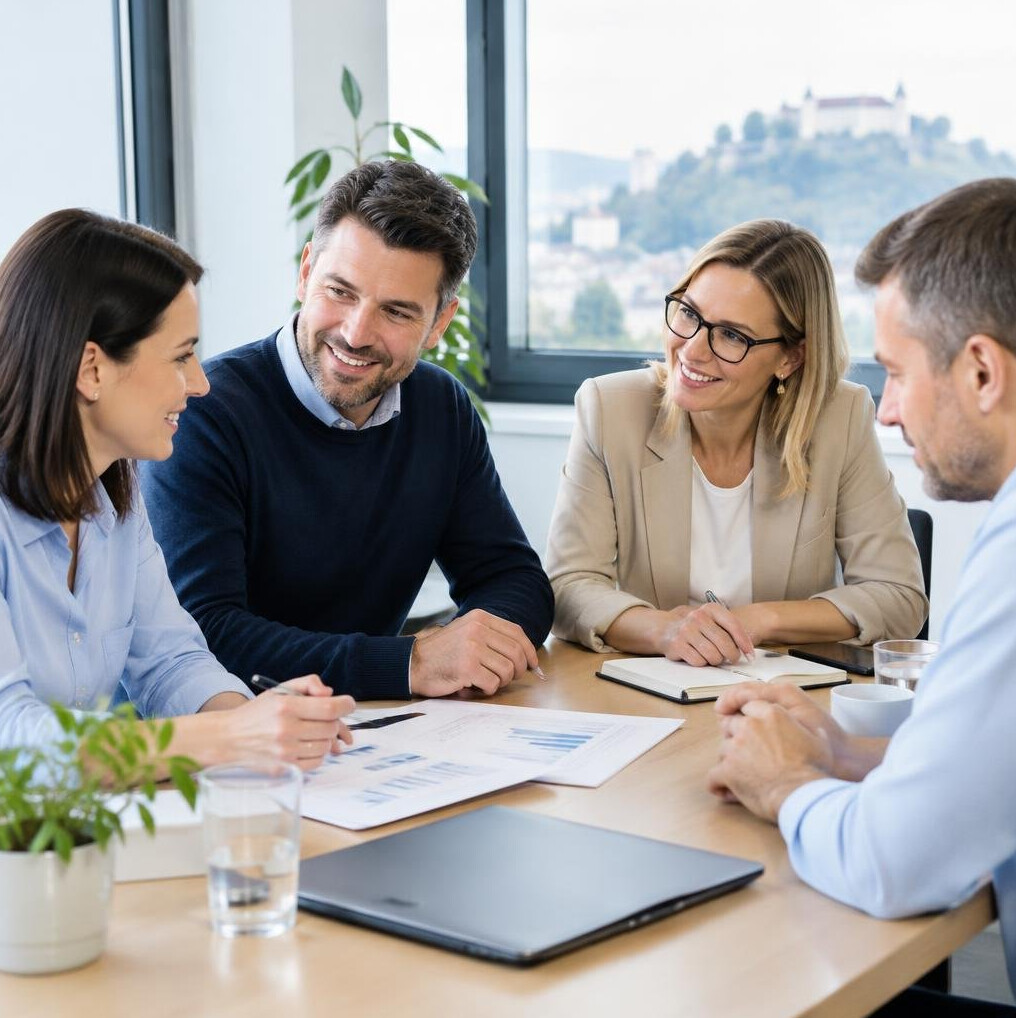 Group of four business professionals talking around a table in an office