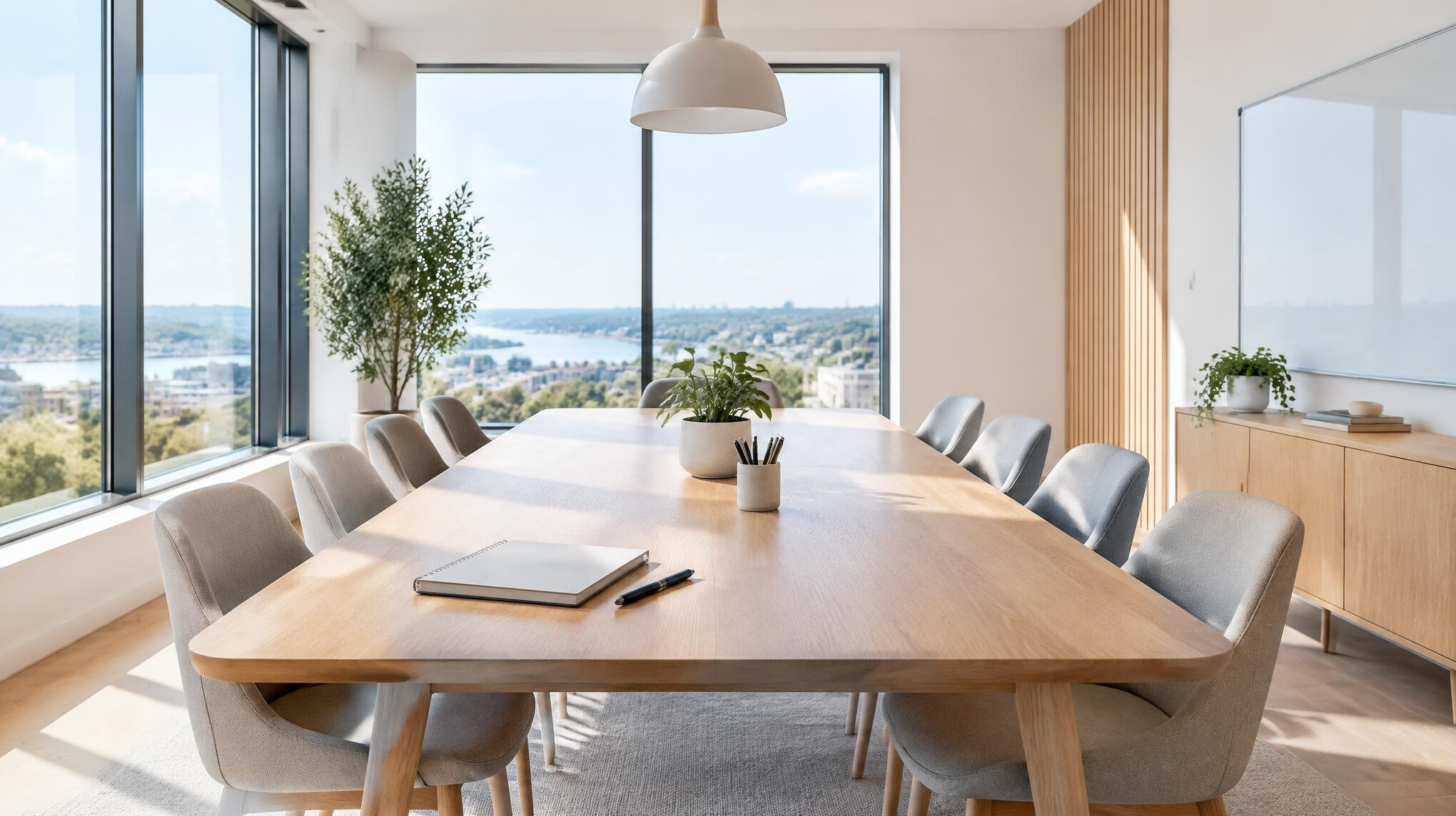 Bright modern meeting room with a long table and chairs